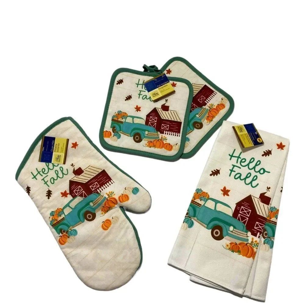 NWT Hello Fall Kitchen Linens Towels Pot Holders Thanksgiving Decor 4 Piece Set